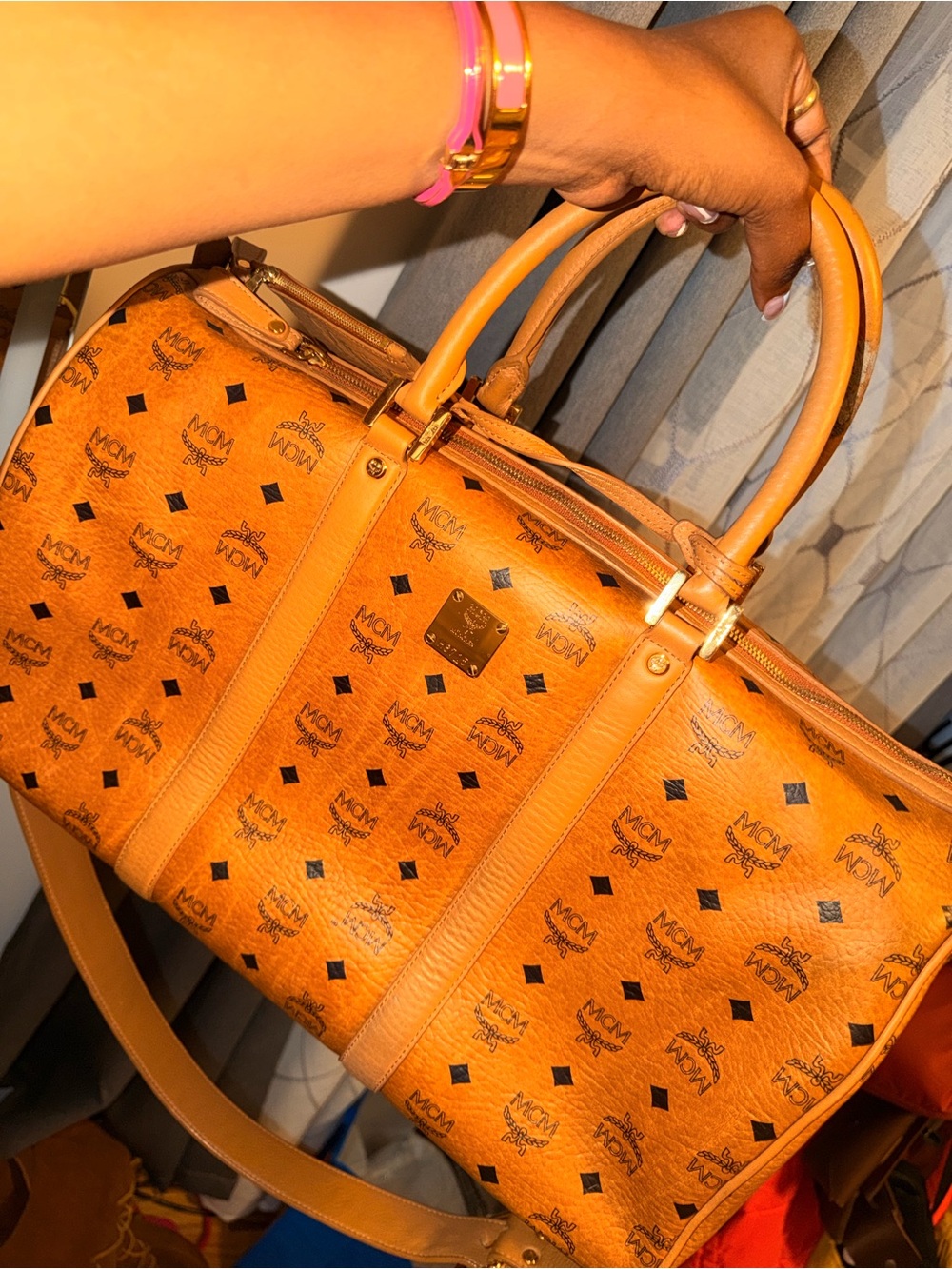 MCM Cognac Logo Visetos Boston Satchel - Cognac with Black Logo